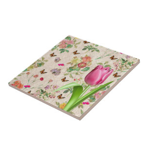 Keramik Tile Floral Butterfly Pink Tulip Fliese