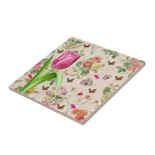 Keramik Tile Floral Butterfly Pink Tulip Fliese