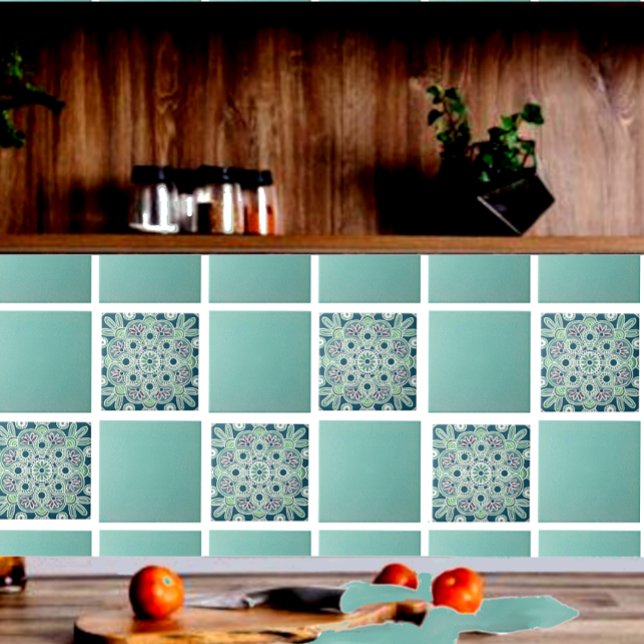 Keramik Tile Geometrie mit leichten Grüntönen und  Fliese (Green geometric tile shown on a kitchen backsplash with  green field tiles.)