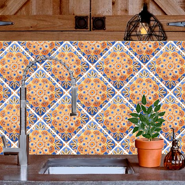 Keramik Tile geometrisch blau und orange Fliese (Orange and blue kitchen backsplash tile.)