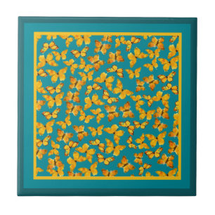 Keramik Tile, Goldene Schmetterlinge auf Aquamarin Fliese