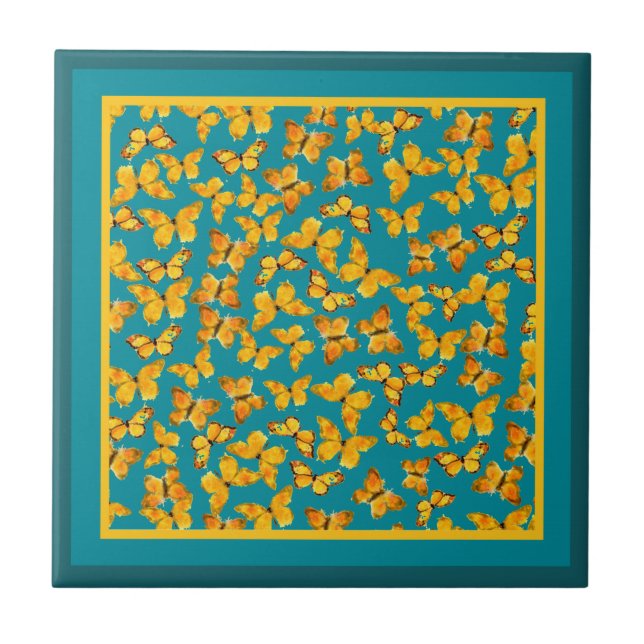 Keramik Tile, Goldene Schmetterlinge auf Aquamarin Fliese (Vorderseite)
