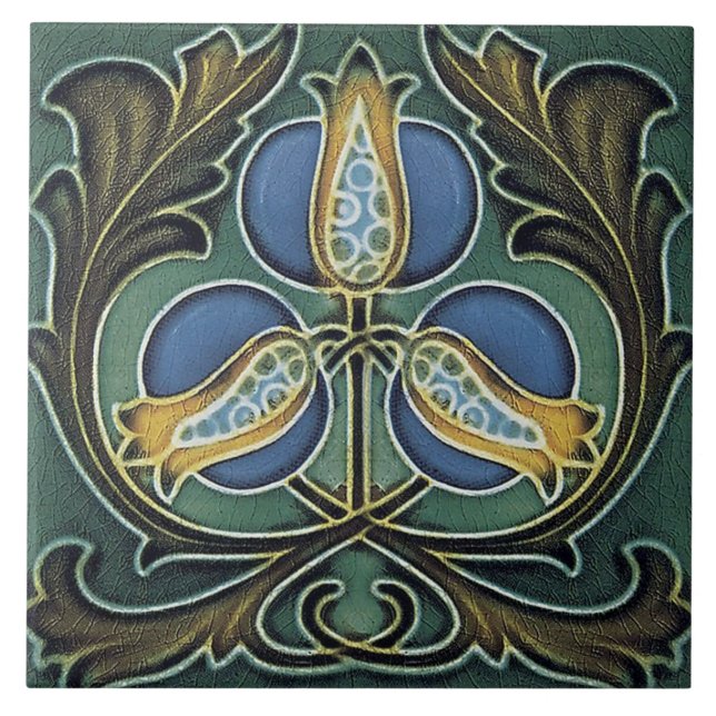 Keramik Tile - Jugendstil-Blume Blau Gelb Fliese (Vorderseite)