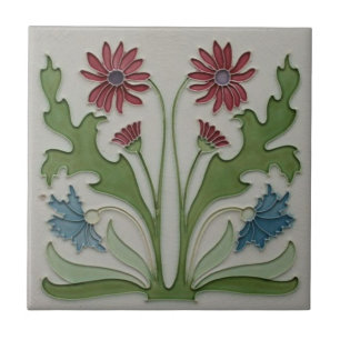 Keramik Tile - Jugendstil - Rot & Blau - Blumenstr Fliese