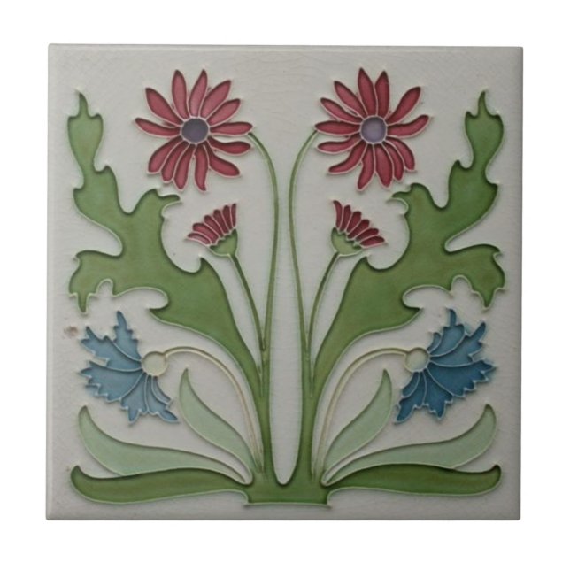 Keramik Tile - Jugendstil - Rot & Blau - Blumenstr Fliese (Vorderseite)