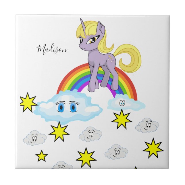 Keramik Tile Lila Pony Rainbow Happy Clouds Fliese (Vorderseite)