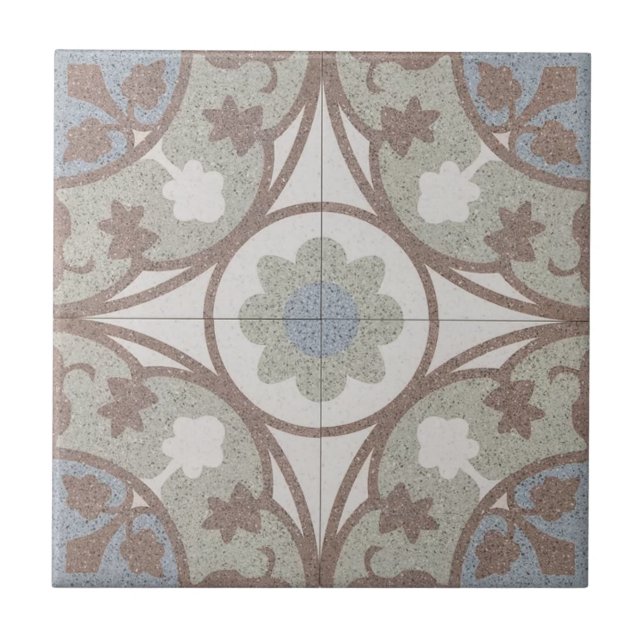 Keramik Tile - Marokkanisches Beige Blauer Flora Fliese (Vorderseite)