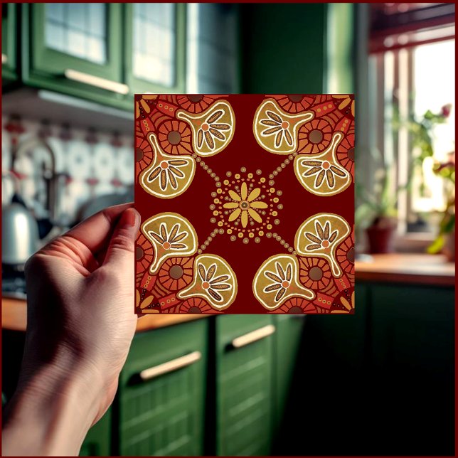 Keramik Tile Medallin ocher auf Wein Fliese (Ocher and  maroon geometric tile for fireplace kitchen or bath.)