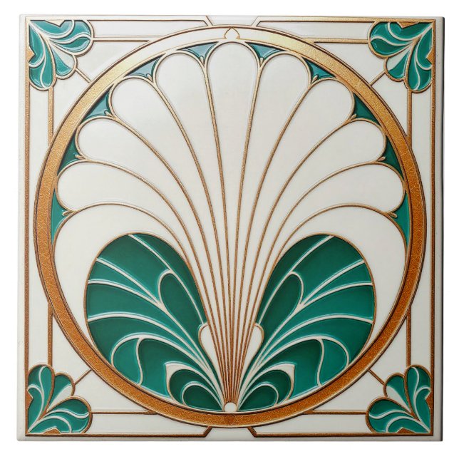 Keramik Tile mit Creme und Green Art Deco. Fliese (Vorderseite)