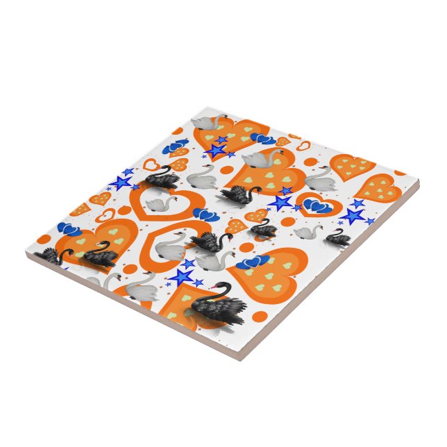 Keramik Tile, Orange Hearts Swan Blue Stars Fliese (Seite)