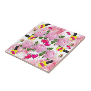 Keramik Tile Pink Hearts Yellow Nail Polnisch Fliese