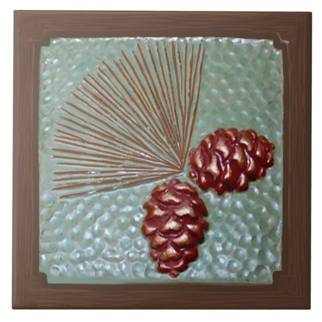 Keramik Tile Ponderosa Pinecone, grün und kupfer Fliese (Vorderseite)