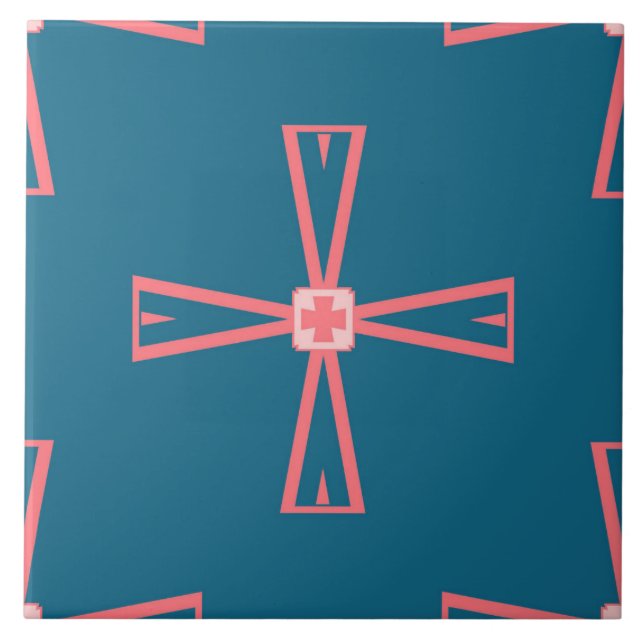 Keramik Tile - Rosa auf blauem gepolstertem Muster Fliese (Vorderseite)