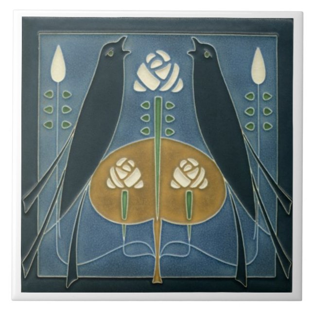 Keramik Tile - Songbird Art Nouveau Floral White Fliese (Vorderseite)