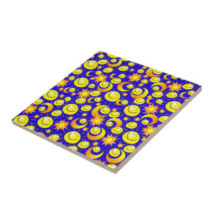 Keramik Tile Sun Moon Orange Yellow Stars Blau Fliese