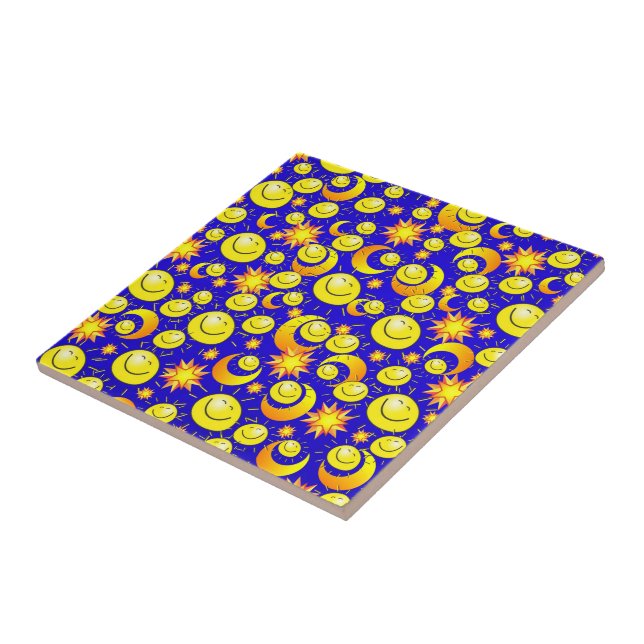 Keramik Tile Sun Moon Orange Yellow Stars Blau Fliese (Seite)