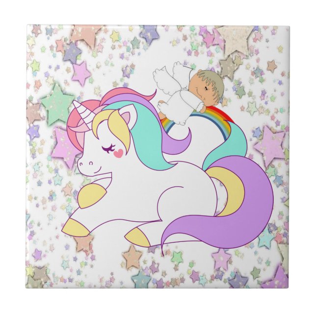 Keramik Tile Unicorn Angel Stars Fliese (Vorderseite)