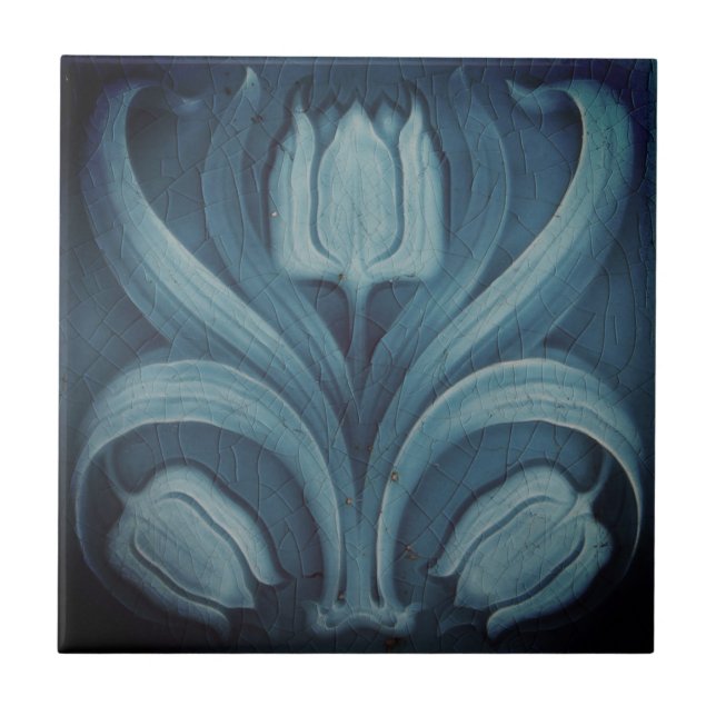Keramik Tile Vintag Blassblau Tulip Art Nouveau Fliese (Vorderseite)