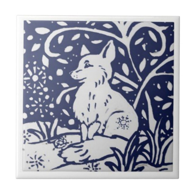 Keramik Tile - Vintag Blau und Weiß Fox Fliese (Vorderseite)
