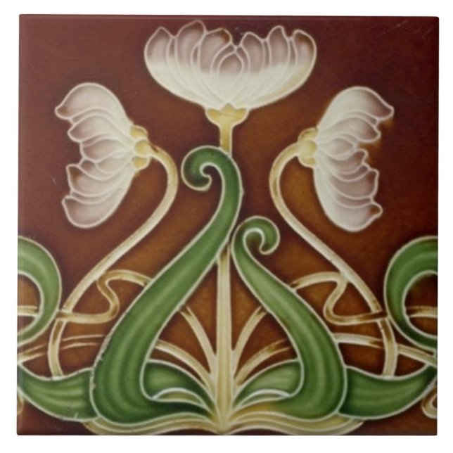 Keramik Tile - Weiße Blume mit grünen Folionen Fliese (Vorderseite)
