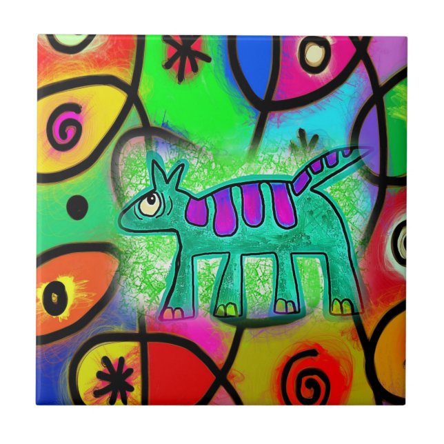 Keramik Tile Whimsical Hund farbiges Muster Fliese (Vorderseite)