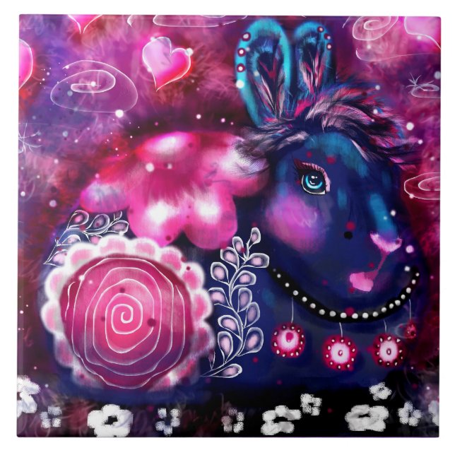 Keramik Tile - Whimsical Rabbit "Glamour Bunny" Fliese (Vorderseite)
