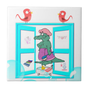 Keramik Tile White Alligator Blase Bath Birds Fliese