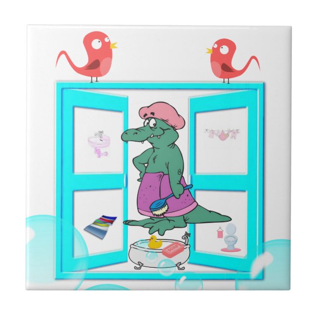 Keramik Tile White Alligator Blase Bath Birds Fliese (Vorderseite)
