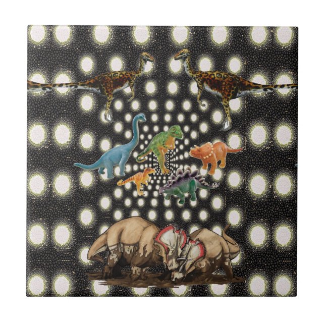 Keramik Tile White and Black Circular Dinosaurier Fliese (Vorderseite)