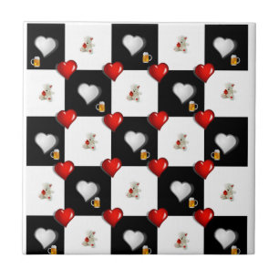 Keramik Tile White Black Checkered Bären Teddy Bär Fliese