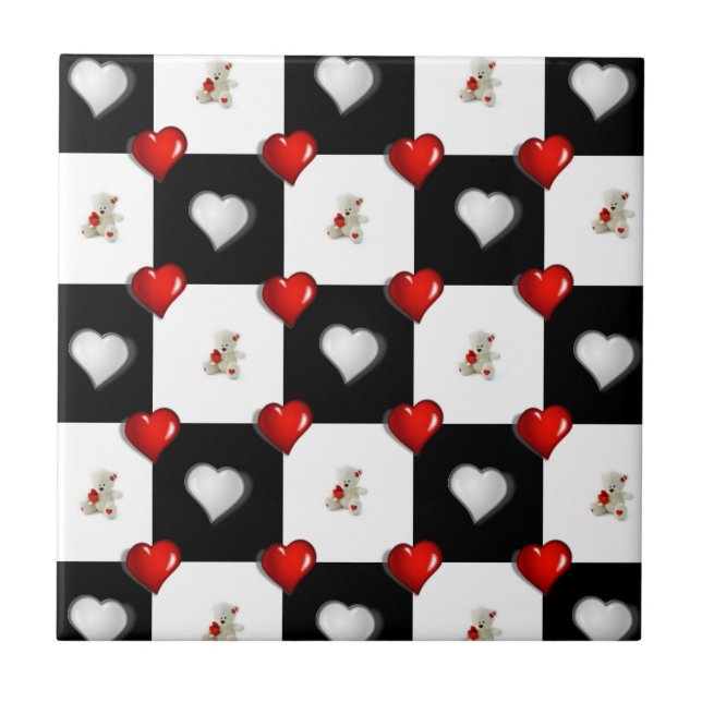 Keramik Tile White Black Checkered Teddy Bär Fliese (Vorderseite)
