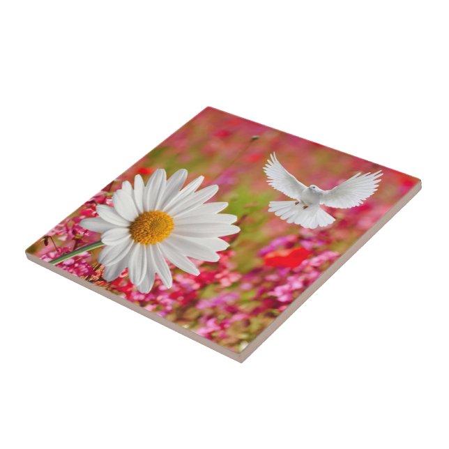 Keramik Tile White Daisy Dove Floral Fliese (Seite)