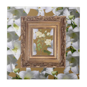 Keramik Tile White Floral Gold Fliese