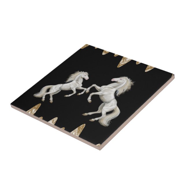 Keramik Tile White Horses Black Gold Fliese (Seite)