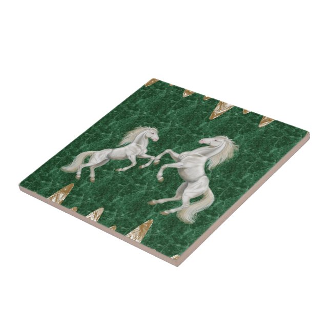 Keramik Tile White Horses Green Gold Fliese (Seite)