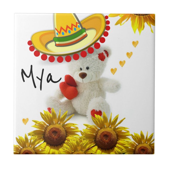 Keramik Tile White Sunflower Teddy Bär Fliese (Vorderseite)