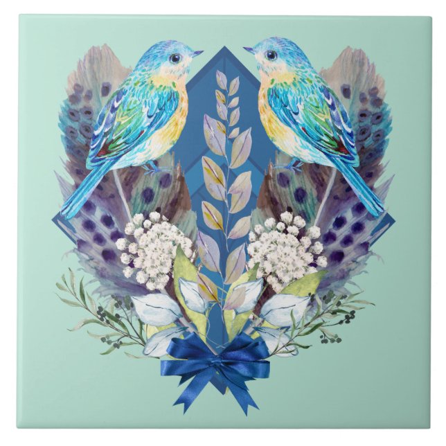 Keramik Wall Tile - Vögel und Federn Fliese (Vorderseite)