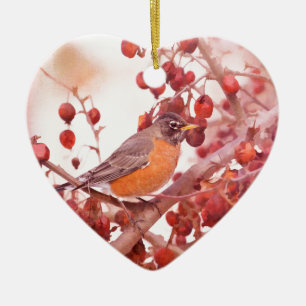 Keramik-Weihnachtsschmuck Robin mit roten Beeren Keramik Ornament