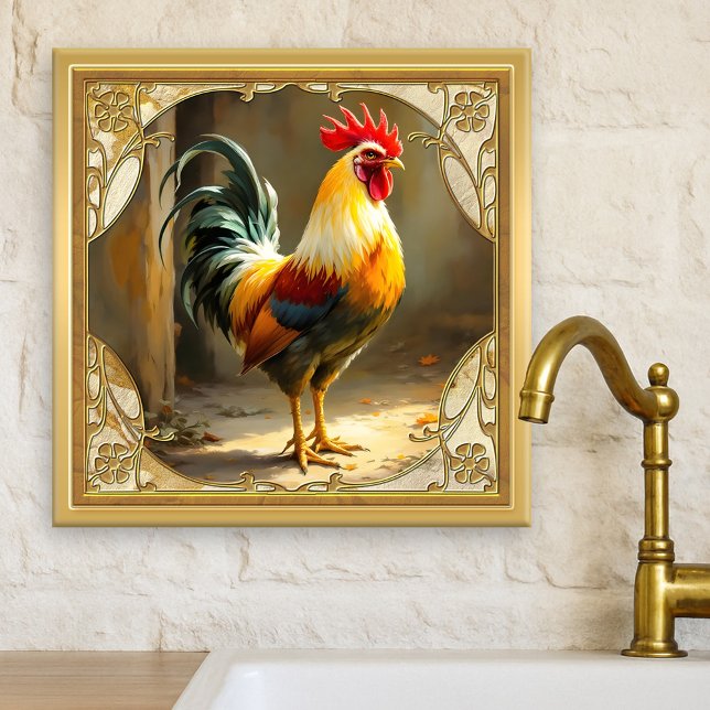 Keramikfliese Bauernhaus Hahn Gold (Tile featuring a painting of a rooster framed by a classic design in gold. Beautiful for a farmhouse)