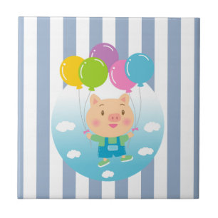 Keramikfliese Blau-Weiß gestreift Schwein Ballons