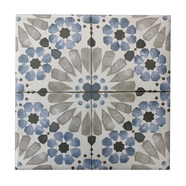 Keramikfliese - Florales Designer Blau Grau Replik (Vorderseite)