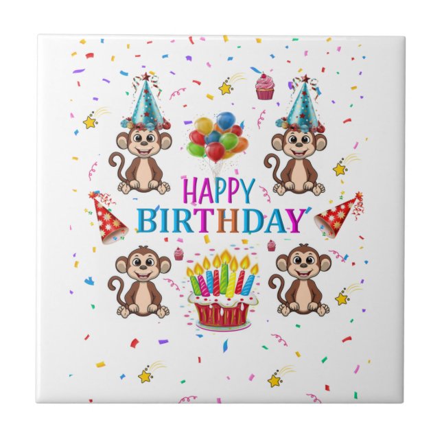Keramikfliese Happy Birthday Monkey Cupcake (Vorderseite)