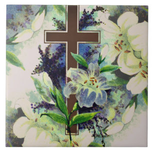 Keramikfliese Kreuz und Blumen