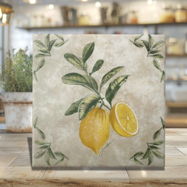 Keramikfliese mit antiken Zitronen (Rustic Vintage Italian Lemons Ceramic Tile)