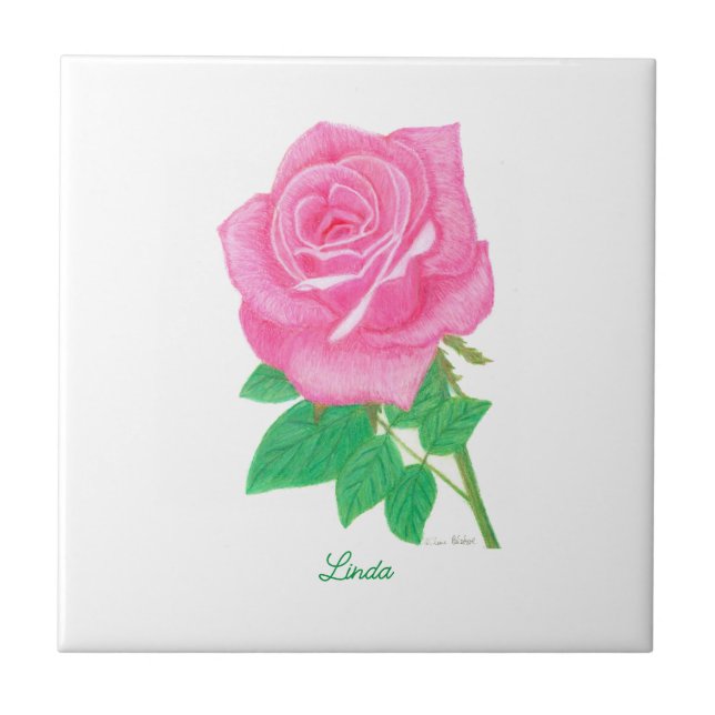 Keramikfliese mit rosa Rose und Text (Vorderseite)