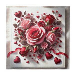 Keramikfliese mit rosa Rosenblüten und roten Herze