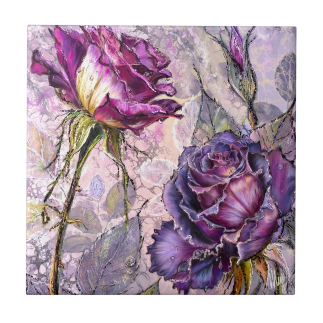 Keramikfliese mit violetten Rosen (Vorderseite)
