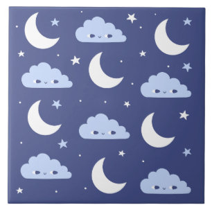 Keramikfliese Navy Kawaii Mond Sterne Wolken