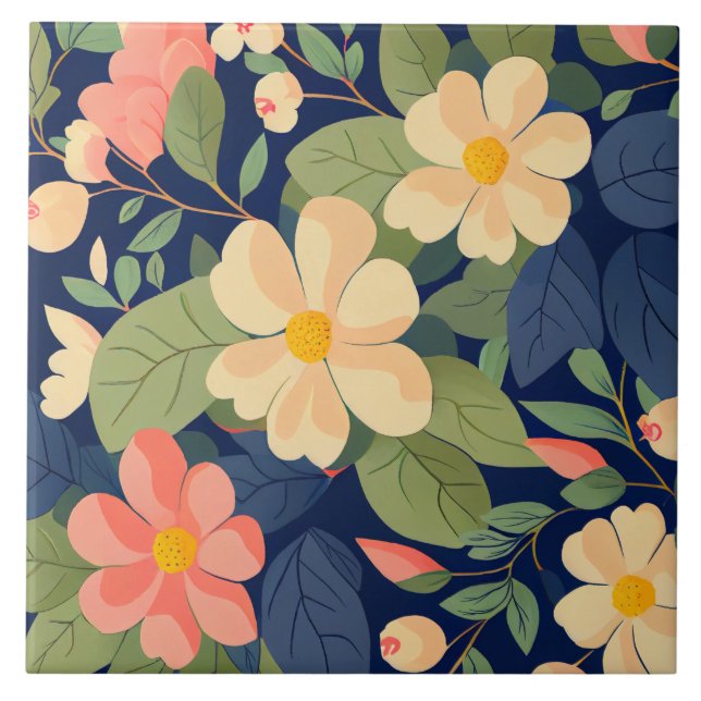 Keramikfliese Navy Pfirsich Rosa Floral Botanisch (Vorderseite)