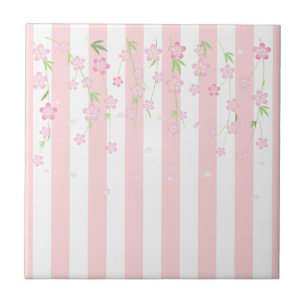 Keramikfliese Rosa und Weiße Streifen Blumen Flora